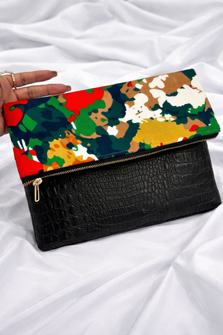 Luxe Foldover Clutch – Leather & African Print